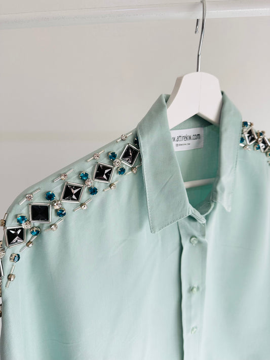 Green shirt black rhinestone